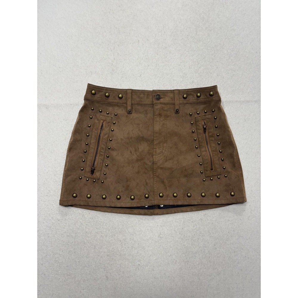 We The Free Skirt Womens 4 Brown Faux Leather Studded Mini Zip Pockets Biker